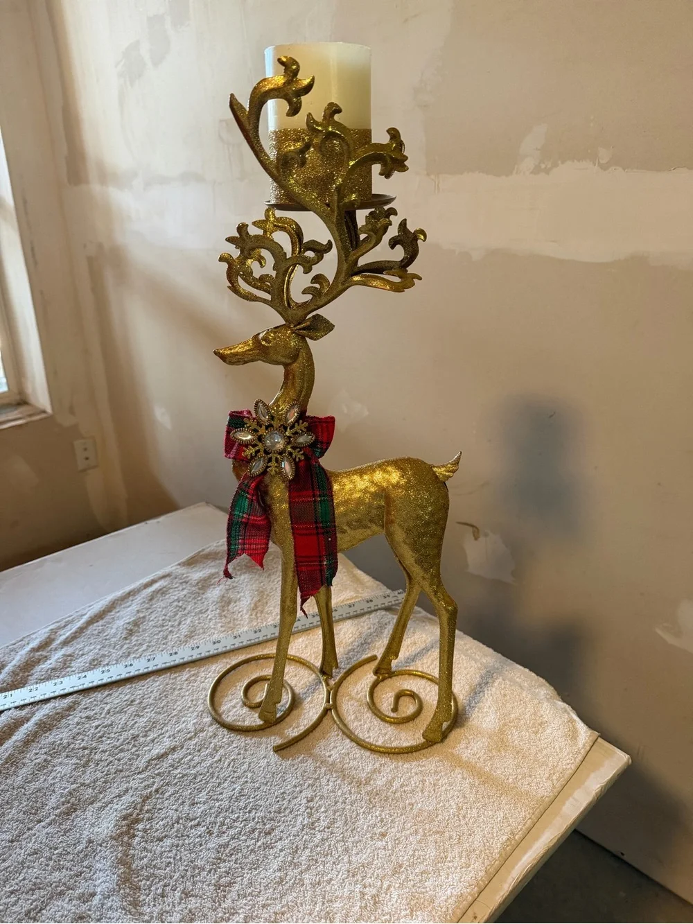 Gold Glitter Reindeer Candle Holder with Tartan Bow - Holiday Decor
